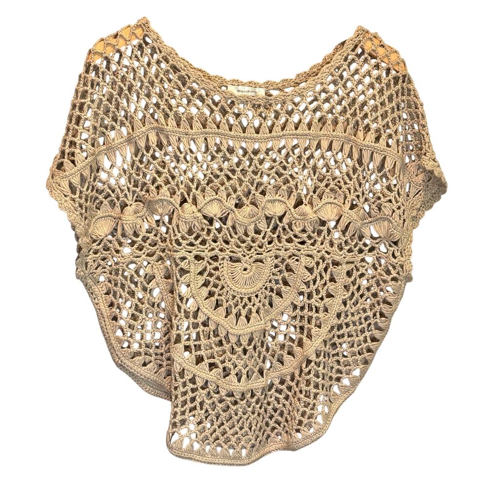 Dress Barn Boho Tan Crocheted Open Knit Sweater Poncho - size Large